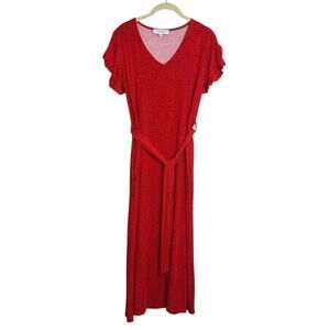 Merrick White Red Polka Dot Midi Dress L V-Neck Ruffle Sleeve Pockets Tie Waist